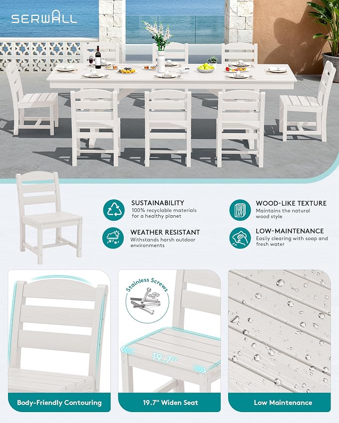 SERWALL 9 Piece 84" HDPE Outdoor Dining Set for 8 with Armless Chairs and Umbrelle Hole, White