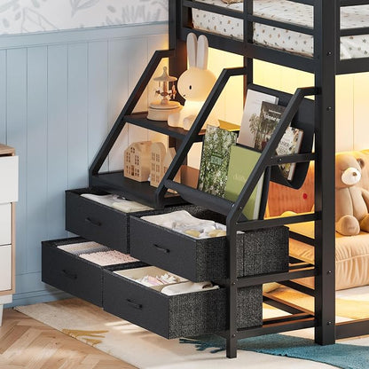 Bellemave Twin Over Twin Bunk Bed with Storage Shelves & 4 Drawers,Heavy Duty Metal Bunk Bed for Teens with LED Lights, Low Bunk Beds for Kids with Guardrails & Ladder, No Box Spring Needed, Black
