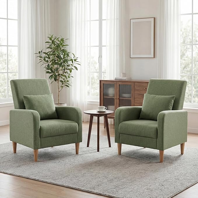 COLAMY Mid-Century Modern Upholstered Accent Chair with Back Pillow & Solid Wood Legs, Fabric Cozy Armchair for Living Room, Bedroom, Reading Nook, Apartment & Small Spaces, Green