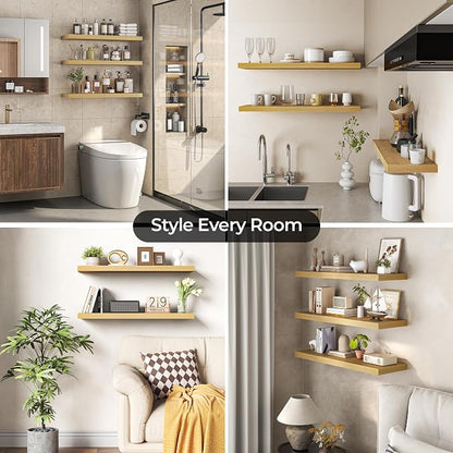 Fun Memories Floating Shelves for Wall 16 Inch Set of 3, Farmhouse Floating Shelves with Invisible Heavy Duty Bracket, 10 Inch Deep Bathroom Shelves for Storage, Living Room, Kitchen, Decor, Oak