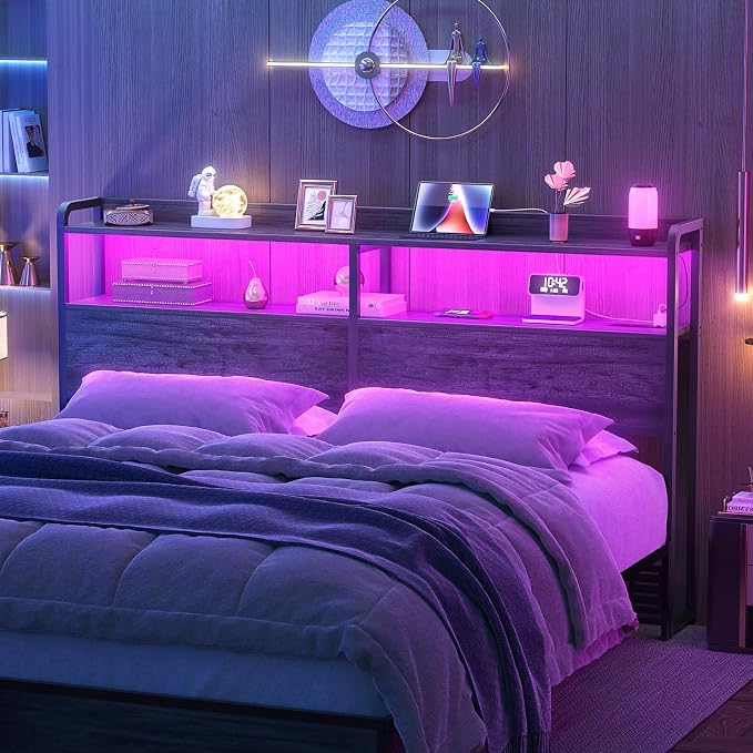Aheaplus Headboard for Queen Size Bed Frame, Headboards with Outlets, USB Ports and LED Light, Head Board with Storage, Height Adjustable, Sturdy and Stable Headboard, Queen Size, Black Oak