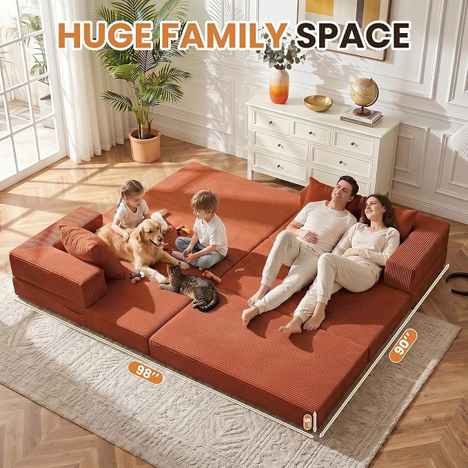 79" Modular Sectional Sofa, Boneless Convertible Sleeper Sofa Bed, Modern Tri-Folding Cloud Couch with L-Shape Chaise, Corduroy Futon for Living Room Small Spaces Apartment, No Assembly,Orange