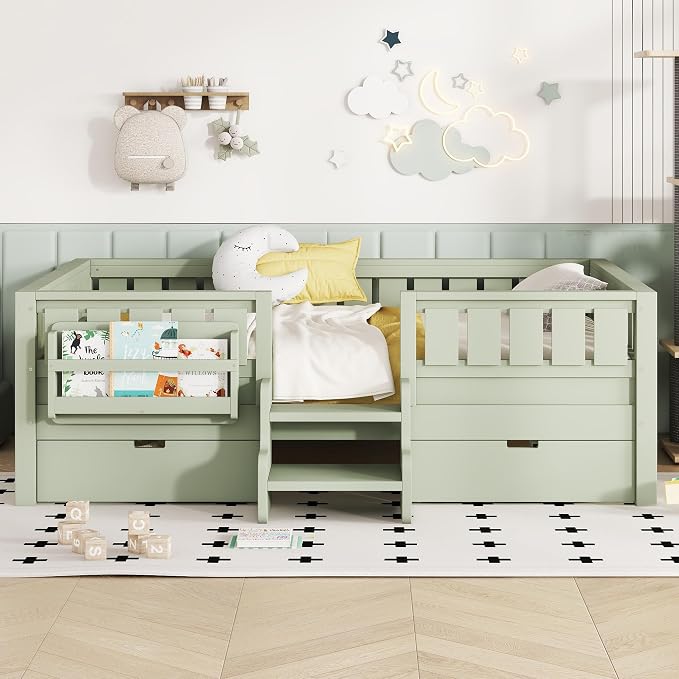 Bellemave Full Kids Montessori Bed with Stairs, Bookshelf and Drawers, Solid Wood Kids Bed Frame with Storage for Boys Girls, Low Profile,Green