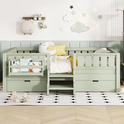 Bellemave Full Kids Montessori Bed with Stairs, Bookshelf and Drawers, Solid Wood Kids Bed Frame with Storage for Boys Girls, Low Profile,Green