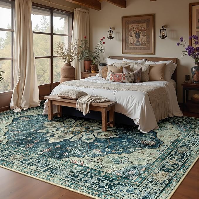 RELEANY Area Rugs Large 10'x12' Washable Non-Slip, Floral Vintage Distress Medallion Carpet for Living Room Bedroom Dining Room, Dark Blue Vintage
