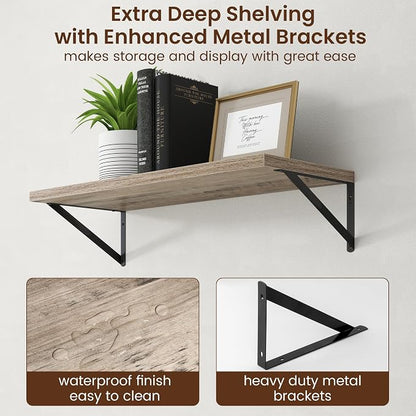 Axeman 12 Inch Deep Grey Floating Shelves 30 Inches Long | Rustic Grey Wood Wall Shelves Set of 2, Deep Wall Shelves for Bookshelf Living Room Bathroom Kitchen