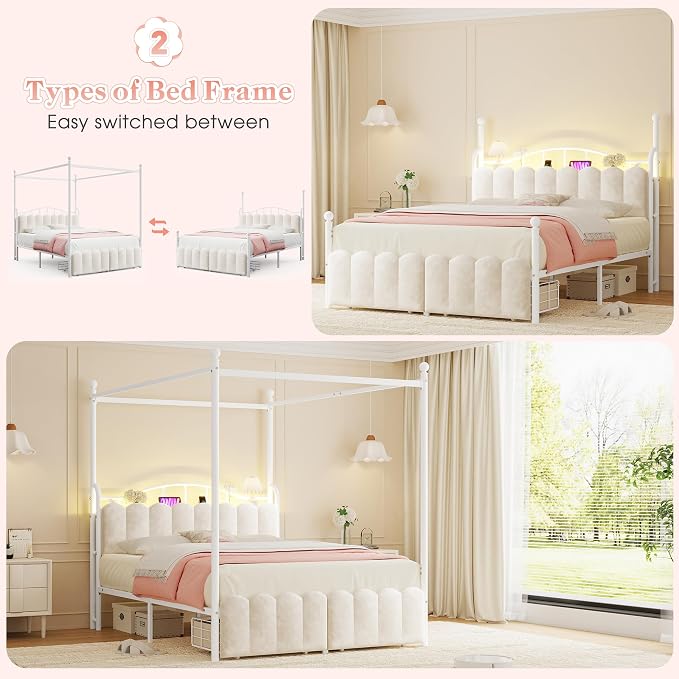 Homkdom Canopy Bed Frame Queen Size with Upholstered Storage Headboard and Charging Station & LED Lights, 2 Oversized Drawers,Heavy-Duty Support, No Box Spring,Quiet Sleep,Easy Assembly, White