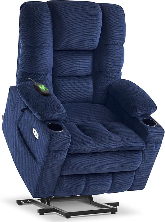MCombo Triple Motor Power Lift Recliner Chair with Massage and Dual Heating, Adjustable Headrest for Elderly People, Fabric 7632 (Navy Blue, Medium)