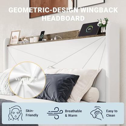 Allewie Full Size Velvet Bed Frame with 3 Storage Drawers, Upholstered Platform Bed with Wingback Storage Headboard and USB Ports, No Box Spring Needed, Easy Assembly, White