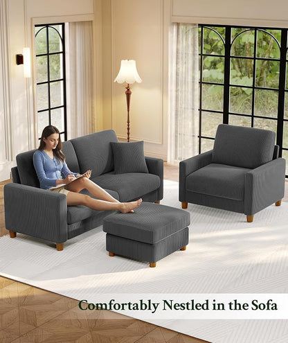 Welzona 25.2" Couches for Living Room, Comfy Grey Ottoman with Storage, Foot Rest Tool-Free Setup, Small Ottoman Foot Rest for Couch, Corduroy Couch for Bedroom, Apartment, Office