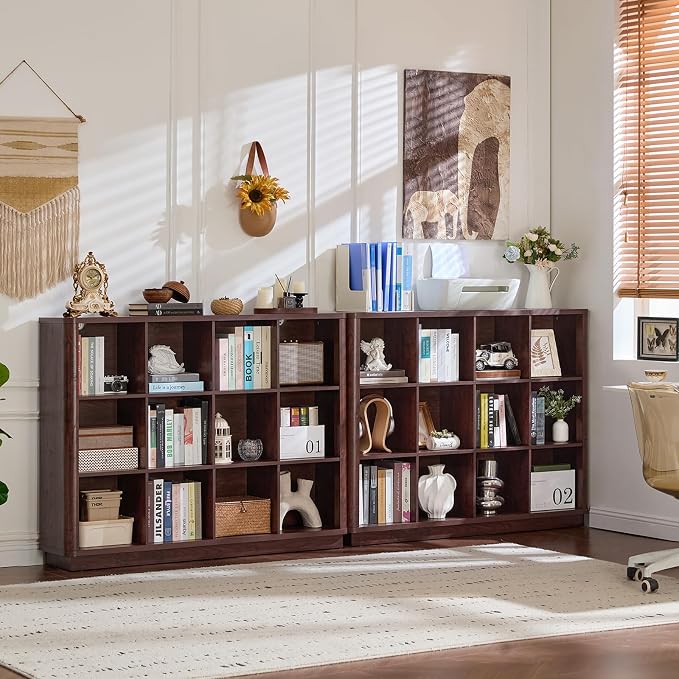 Joaxswe 12 Cube Storage Organizer, 41" Large Bookshelf with Curved Edge, Wood Floor Standing 3-Tier Cubby Bookcase w/Base, Vintage Display Storage Cabinet, Book Case for Living Room, Office, Walnut