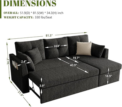 Huatean Home Sleeper Couch Sofa, Sectional Sleeper Sofa Bed with Side Pocket for Living Room, 2 in 1 Pullout Couch Bed with Storage Chaise, Black