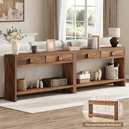 ONBRILL Console Table with Drawers, 55 Inch Narrow Entryway Table with Open Storage Shelves, Mid Century Modern Hallway Accent Tables Behind Couch Table for Living Room (Vintage Brown)