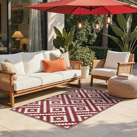 GENIMO Outdoor Rug for Patio Clearance, 3'x5' Indoor Area Rug, Waterproof Reversible Christmas Mat, Outside Camping Carpet for Porch, Living Room, Balcony, Deck, Bedroom, Picnic, Red White