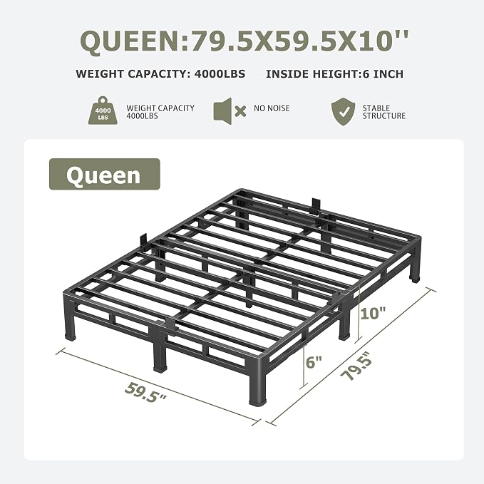 NKZ 10 Inch Queen Size Bed Frame, Metal Bed Frame & Box Spring 2 in 1 Platform with Round Corner Legs, 4000lbs Weight Capacity Reinforced Low Profile Metal Frame, Noise-Free, Easy Assembly