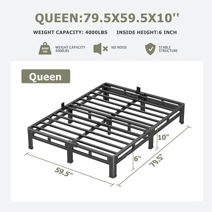 NKZ 10 Inch Queen Size Bed Frame, Metal Bed Frame & Box Spring 2 in 1 Platform with Round Corner Legs, 4000lbs Weight Capacity Reinforced Low Profile Metal Frame, Noise-Free, Easy Assembly