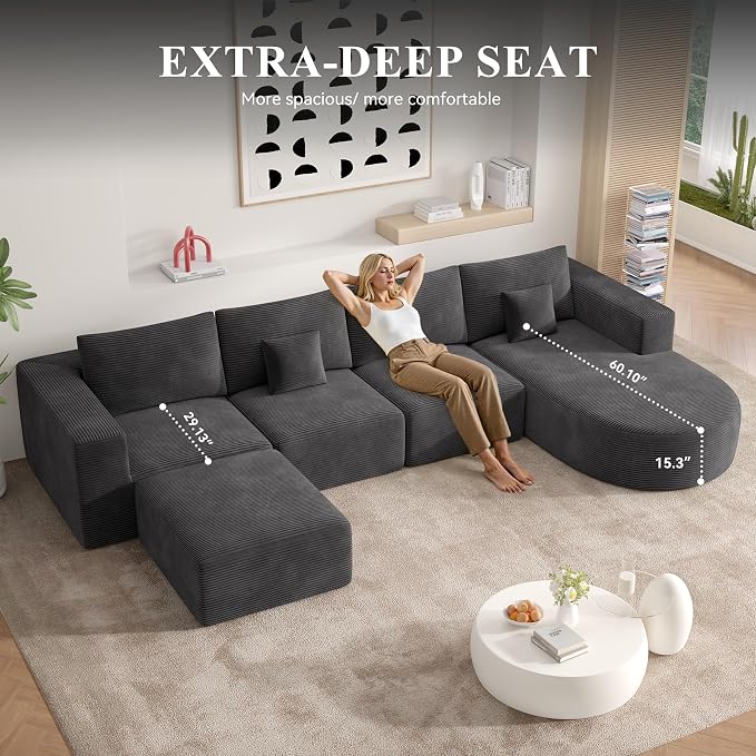 134" Boneless Couches for Living Room,Large U-Shaped Modular Sectional Sofa with Convertible Ottoman,Modern Cozy Cloud Couch in a Box,Sponge Compression Deep Seat Sofas with Chaise,Gray,1pcs