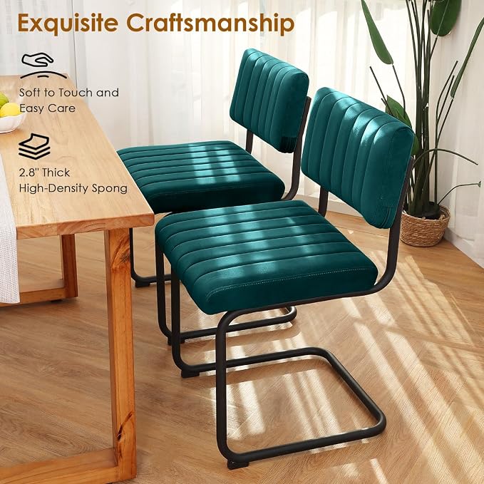 ONEVOG Modern Luxury Dining Room Chairs Set of 2, Teal Velvet Upholstered Kitchen Chairs, Heavy Duty Contemporary Armless Dining Chair with Comfy Seat & Black Metal Legs, Cantilevered Design