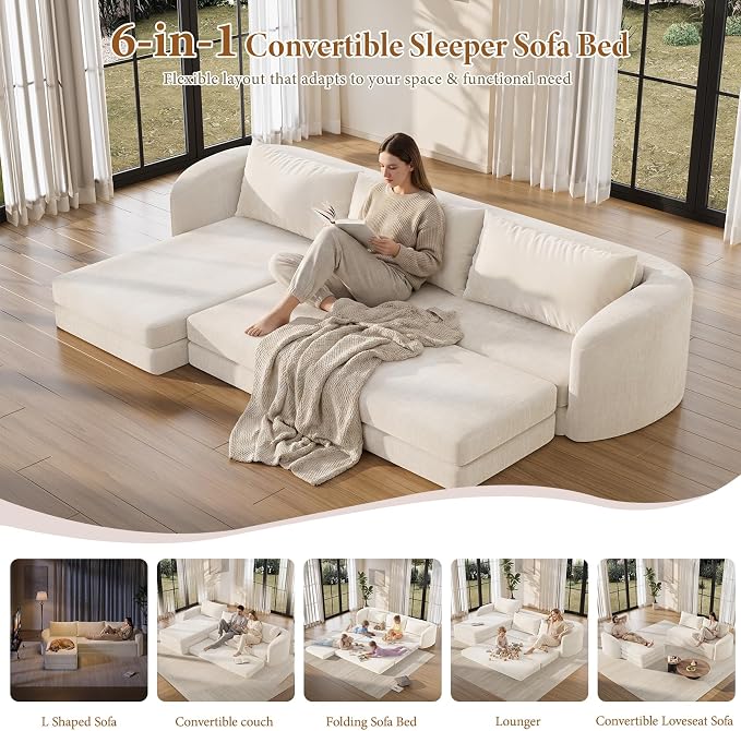 Vesgantti 6 in 1 Convertible Folding Sleeper Sofa Bed, 110.2" Modular Sectional Sofa with Curved Armrest, Chenille Boneless Couch for Living Room, No Assembly Required, Beige, Left Facing Chaise