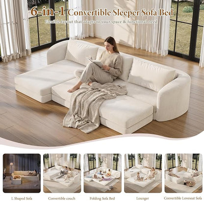 Vesgantti 6 in 1 Convertible Folding Sleeper Sofa Bed, 110.2" Modular Sectional Sofa with Curved Armrest, Chenille Boneless Couch for Living Room, No Assembly Required, Beige, Left Facing Chaise