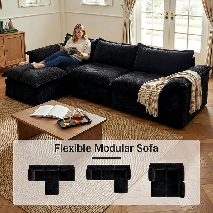 Claiks 123" Modular Boneless Couch, L Shaped Couch for Living Room, Modern Deep Seat Sofa 3 Seater Chenille Fabric Comfy Cloud Couches with Movable Ottoman, Black