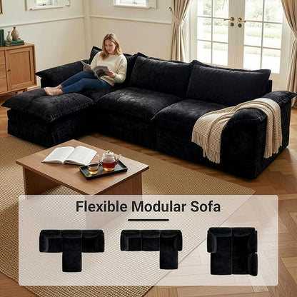 Claiks 123" Modular Boneless Couch, L Shaped Couch for Living Room, Modern Deep Seat Sofa 3 Seater Chenille Fabric Comfy Cloud Couches with Movable Ottoman, Black