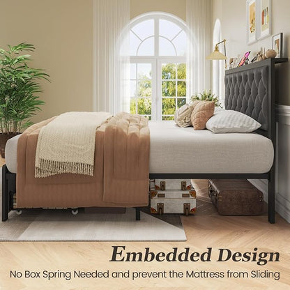 Fluest Twin Bed Frame with Storage Drawer, Upholstered Headboard Button Tufted Bed Frame with Charging Station, No Box Spring Needed, Noise-Free, All Metal Structure, Grey