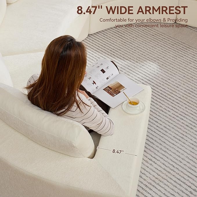 WUTUTUEE 139'' Curved Round Boneless Couch, Oversized Cloud Sofa with Deep Seat & Arms, Chenille Modular Sectional Sofa with Pillows, Upholstered Comfy 6 Seat Couch for Living Room, White