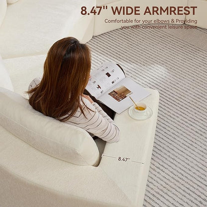 WUTUTUEE 139'' Curved Round Boneless Couch, Oversized Cloud Sofa with Deep Seat & Arms, Chenille Modular Sectional Sofa with Pillows, Upholstered Comfy 6 Seat Couch for Living Room, White