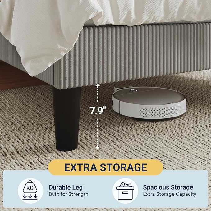 Allewie Queen Size Upholstered Bed Frame with Vertical Channel Tufted Headboard, Soft Corduroy Fabric Platform Bed, Strong Wooden Slats Support, Easy Assembly, No Box Spring Needed, Light Grey