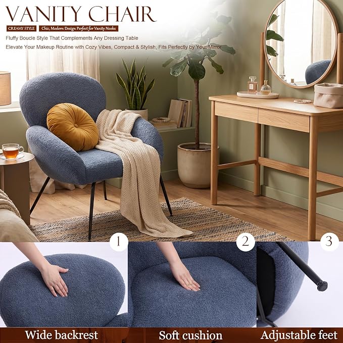 Small Accent Chair Set of 2,Sherpa Chair with Love Back, Boucle Chairs with Metal Legs, Comfy Modern Reading Chairs/Sherpa Accent Chair with Thick High-Elastic Sponge/Cream Style Room (Blue)