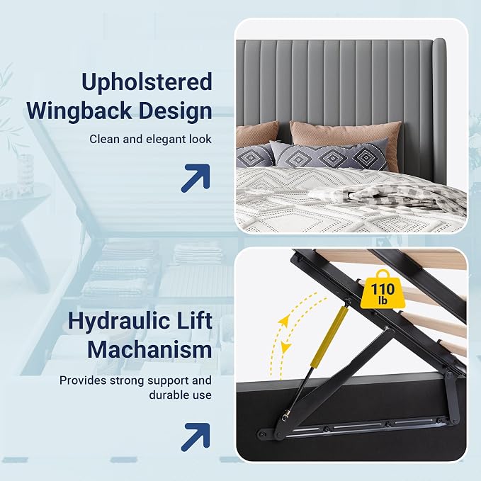 Allewie Full Size Lift Up Storage Bed Frame, Hydraulic Support System, Upholstered Platform Bed Frame, Underneath Storage, Vertical Channel Tufted Headboard with Wingback, No Box Spring Needed, Grey