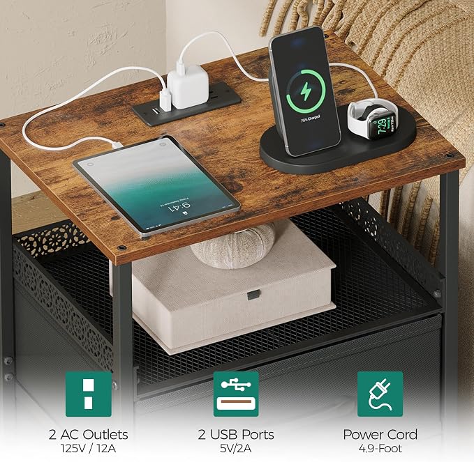 JARHETUN Nightstand Set of 2, Night Stands with Charging Station, 26.4 Inch Tall Bedside Table with Metal Shelf, Modern Side End Table with 3 Fabirc Drawers, Small Dresser for Bedroom, Rustic Brown