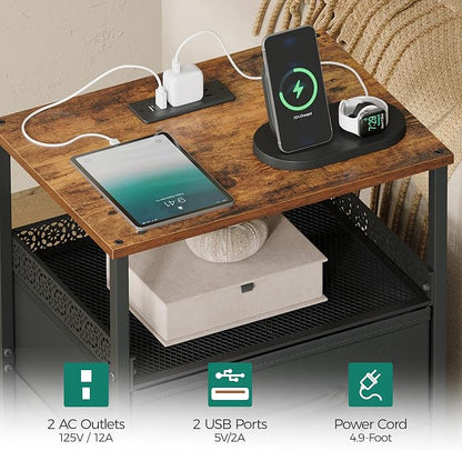 JARHETUN Nightstand Set of 2, Night Stands with Charging Station, 26.4 Inch Tall Bedside Table with Metal Shelf, Modern Side End Table with 3 Fabirc Drawers, Small Dresser for Bedroom, Rustic Brown