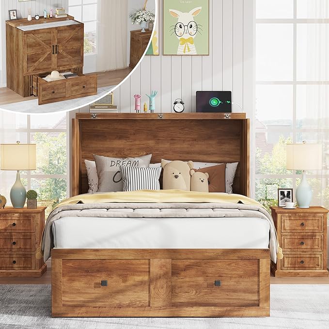 AMERLIFE Twin Murphy Bed Cabinet with Charging Station and Storage Drawer, Farmhouse Foldable Platform Bed for Home Office, Apartment, Small Spaces, Barnwood