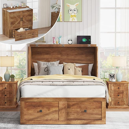 AMERLIFE Twin Murphy Bed Cabinet with Charging Station and Storage Drawer, Farmhouse Foldable Platform Bed for Home Office, Apartment, Small Spaces, Barnwood