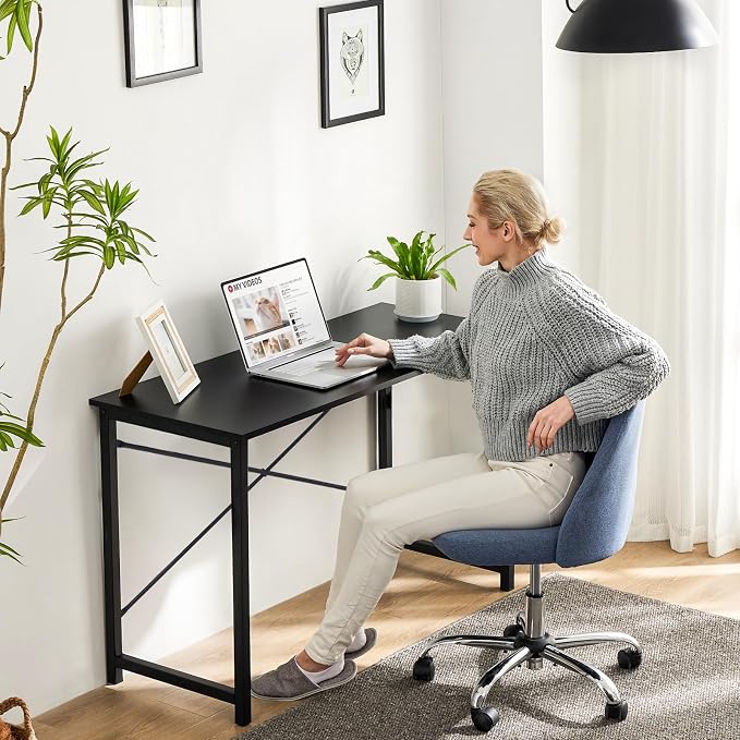 Sweetcrispy Computer Office Desk 55 Inch Student Study Writing Work with Metal Frame Wood Tabletop Modern Simple PC Home Bedroom Table - Black, Sturdy Compact Desk for Laptop, Study, Gaming