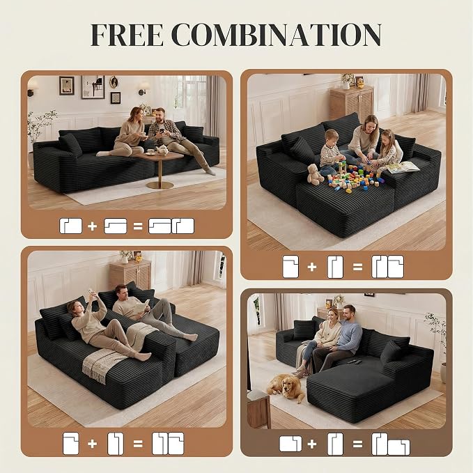 95" L Shaped Cloud Boneless Sectional Couches for Living Room, Modern Comfy Modular Deep Seat Memory Foam Compressed Corduroy Sofa Oversized Right Facing Chaise, No Assembly Required, Balck
