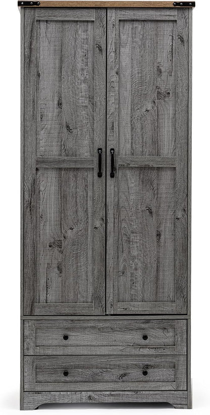 Yechen 71" Wooden Armoire Wardrobe Closet - Modern Functional Clothes Tall Storage Cabinet with Adjustable Shelf and Hanging Rail, Sturdy Freestanding Closet Wardrobe with 2 Wide Drawers for Bedroom