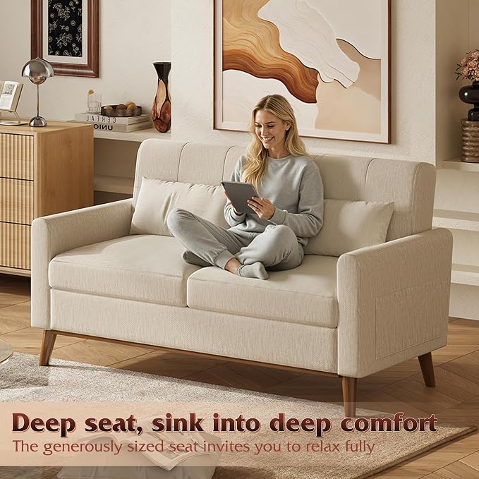 WLIVE 62" Loveseat Sofa, Mid Century Modern Small Couches for Living Room, Button Tufted Upholstered Couch for Bedroom, Solid Wood Frame, Easy to Install Furniture, Beige