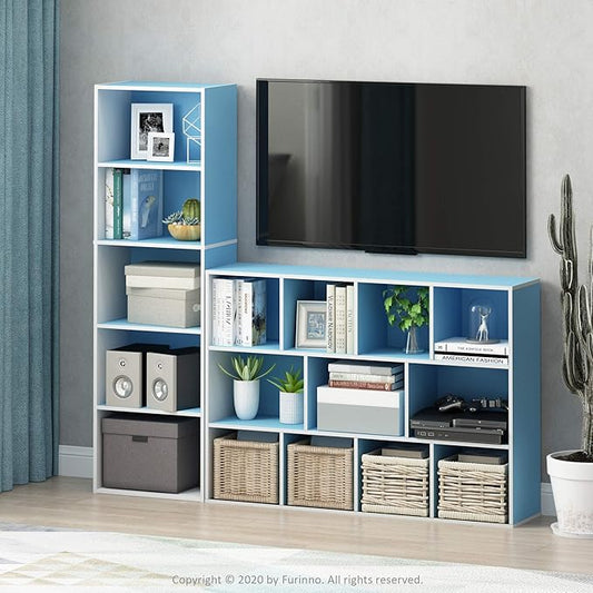 Furinno LUDER Book Shelf, 5-Tier Bookshelf, Bookcase with Open Shelves, 9.4 x 15.8 x 52, Easy Assembly, for Living Room, Bedroom, Home Office, White/Light Blue