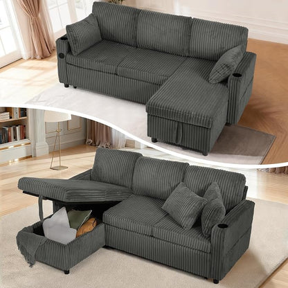 84" Corduroy Pull Out Sofa Bed w/Adjustable Backrests, Sectional L-Shape Sleeper Sofa w/Storage Chaise, Convertible Couch Bed w/USB Charging Port & Cup Holders for Living Room, House, Grey