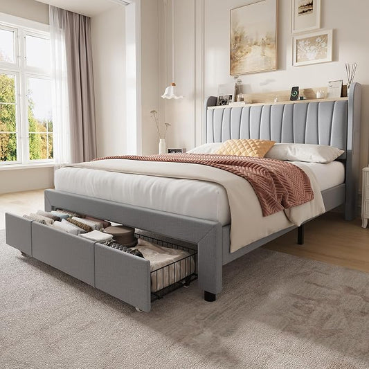 GarveeHome Upholstered Bed Frame with Storage Headboard and Charging Station, Platform Bed Frame with Drawers, Heavy Duty, No Box Spring Needed, Easy Assembly, Grey, Full Size