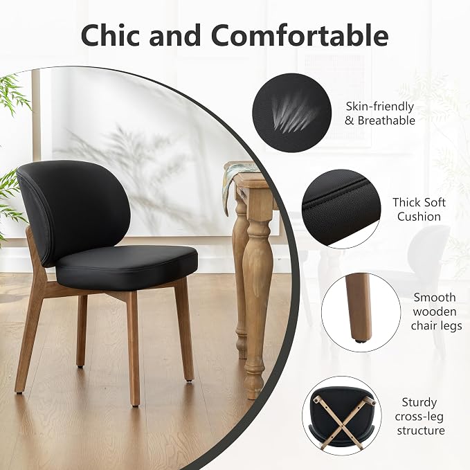 YOUNIKE Dining Chairs Set of 8 Modern Kitchen Dining Room Chairs Black | Faux Leather Upholstered Armless Side Accent Chair with Back Wide Padded Seat Wooden Leg, Soft, Waterproof, Comfortable