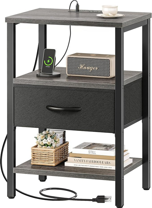 SUPERJARE Nightstand with Charging Station, Bed Side Table with Adjustable Fabric Drawer, Night Stand for Bedroom, 3-Tier Storage End Table, for Living Room, Charcoal Gray