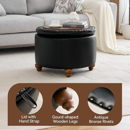 WUTUTUEE 24Inch Round Storage Ottoman with Tray, Modern Tufted Leather Circle Coffee Table with Storage, Upholstered Ottoman with Removable Top for Living Room, Bedroom, Leather Black