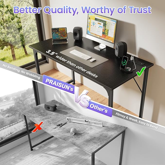 PRAISUN 40 X 20 Inch Computer Desk with Power Outlets and USB-C Port, Gaming Office Desk with Deeper Desktop, Writing Work Desk for Home Office, Study, Bedroom, Work from Home Desk, Metal Frame, Black