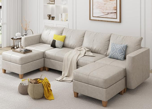 EASE MOOSE Modular Sectional Sofa with Storage, Faux Leather Sectional, Leather Couches for Living Room,Whitesand