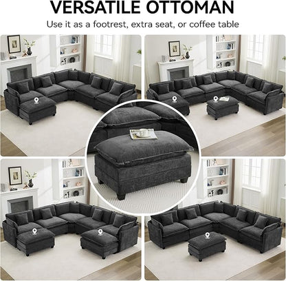 35‘’ Modern Chenille Cloud Sofa Ottoman,Rectangle Ottoman for Modular Sectional Sofa, Dark Grey