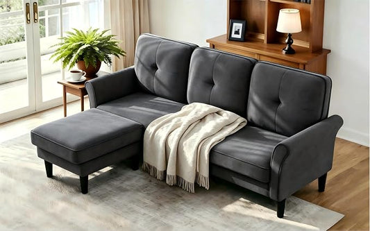 Welzona Sectional Couches for Living Room, 83" Velvet Modern 3 Seater Sofa, L Shaped Couch with Ottoman, Small Sectional Couch Sofas for Living Room, Bedroom, Apartment, Office, Grey Sofa